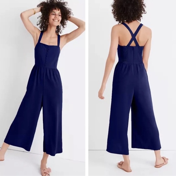 Madewell Navy Blue Smocked Button-Front Crop Jumpsuit - Picture 7 of 14